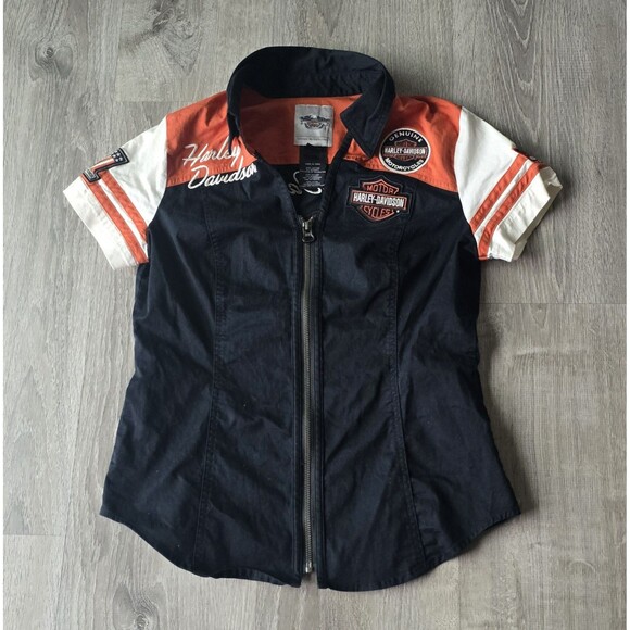 Harley-Davidson Tops - Women's Harley Davidson Motorcycles Patch Zip-Front Riding Shirt Striped Size S